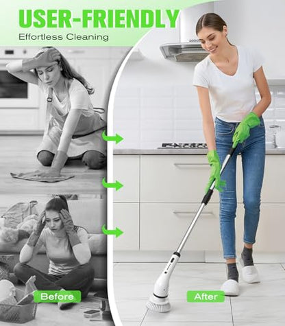 Electric Spin Scrubber, 3-Speed Flat End Brush with 8 Brush Heads & Base, Adjustable Long Handle, Digital Display, 2500mAh Fast Charging, for Bathroom, Tub, Tile, Floor（White - color: White