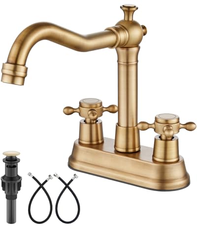 Aolemi 4 Inch Centerset Bathroom Sink Faucet Vintage 2 Cross Handle RV Mixer Tap Basin Vanity Lavatory Utility for Sink 3 Hole Include Hoses Pop Up Drain Faucet Handle Without Label Antique Brass - color: Antique Brass, style: Faucet Handle without Label