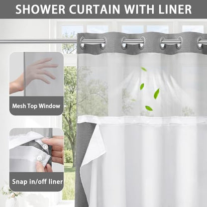 No Hook Shower Curtain with Liner Set Hotel Waffle Curtain Grey 48W X 75L | Washable Snap in Fabric Liner, Mesh Top Window, Waffle Hotel Style Shower Curtain Set - color: Grey, size: Small Stall 48"W x 75"L