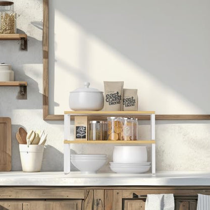 NEX Kitchen Cabinet and Counter Shelf Organizer, Stackable & Expandable, Set of 4, White and Natural - 7.7 x 15.6 x 6.2'' | Stackable Expandable Spice Rack, Space-Saving Pantry Organizers Bathroom Countertop Storage, White and Natural - color: Cloud White