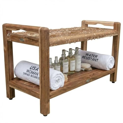EcoDecors Eleganto 34 Inch Natural Color Waterproof Teak Wood Shower Bench Stool Seat Chair For Inside Shower Provides Safety, Storage, and Organization For Bathroom Accessories - color: Natural, size: 35" Handles n Shelf