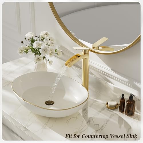 Phiestina Brushed Gold Tall Bathroom Vessel Sink Faucet 2 Pack, Single Hole Single Handle Waterfall Above Countertop Sink Bathroom Faucet, with Pop Up Drain,Water Supply Line, NS-SF01-V-BG-2pack - color: Brushed Gold, style: 2 pack