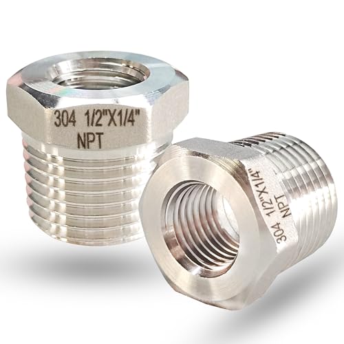 1/2" NPT Male to 1/4" NPT Female Hex Bushing Reducer, 304 Stainless Steel NPT Reducing Adapter Pipe Fitting, Heavy Duty Pipe Hex Bushing for Reducing Pipe (1/2” MNPT x 1/4” FNPT)