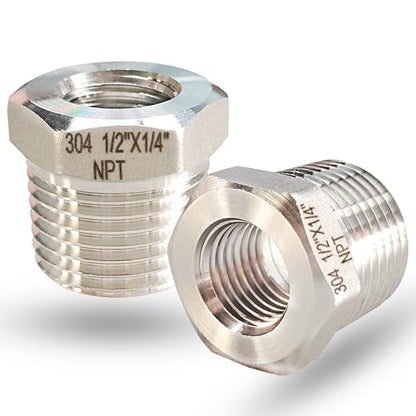 1/2" NPT Male to 1/4" NPT Female Hex Bushing Reducer, 304 Stainless Steel NPT Reducing Adapter Pipe Fitting, Heavy Duty Pipe Hex Bushing for Reducing Pipe (1/2” MNPT x 1/4” FNPT)