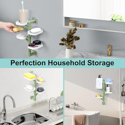 Soap Holder Four Layer Wall Mounted NO-Drilling Rotatable Self-draining Removable Soap Dish for Shower Bathroom Tray,Self Draining Sponge Holder,Razor Holder（White/Green） - color: White/Green