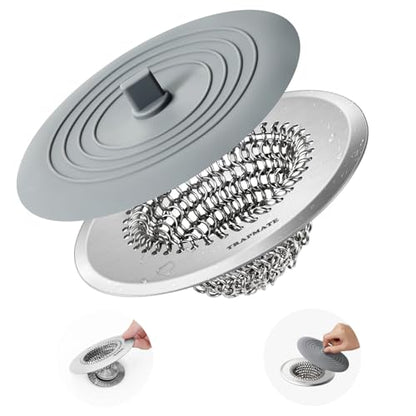TRAPMATE Tub Stopper, Reversible Bathtub Drain Hair Catcher & Stopper, Ultra Revolutionary Bath Tub Drain Protector, Stainless Steel Hair Catcher & Silicone Stopper, 4.4" Drain Cover for Shower, Bath - color: Wolf Grey