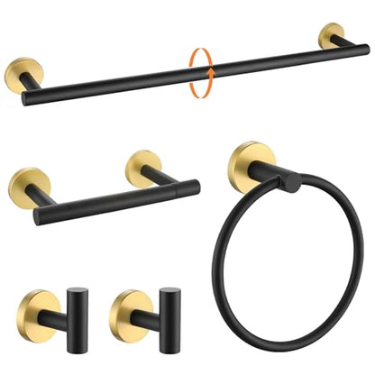TURS Black and Gold 5 Piece Bathroom Hardware Set, SUS304 Stainless Steel Gold Black Towel Bar Set, 24 Inch Rould Bathroom Accessories Kit Wall Mounted - color: Black&gold
