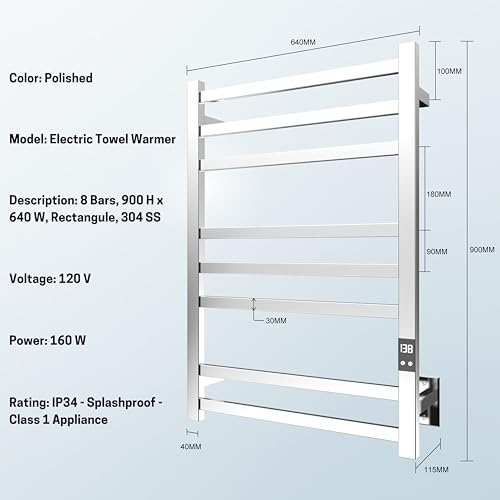 8-Bar Towel Warmer Rack, Polished Stainless Steel | Polished 304 stainless steel, LED display, 115-155°F temp control, 1-24H timer, plug-in or hardwired install - color: Polished