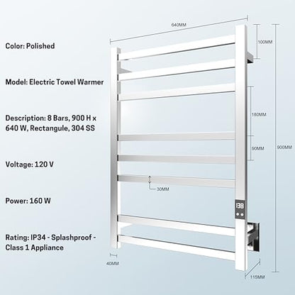 8-Bar Towel Warmer Rack, Polished Stainless Steel | Polished 304 stainless steel, LED display, 115-155°F temp control, 1-24H timer, plug-in or hardwired install - color: Polished