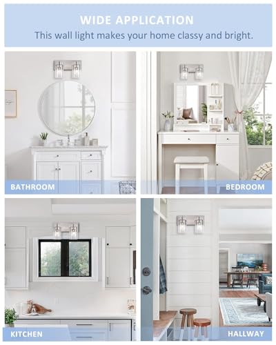 2-Light Brushed Nickel Bathroom Vanity Lights, Clear Glass | Brushed Nickel Metal Frame,Up/Down Wall Mount,cylinder Glass Shade,Kitchen Hallway Bedroom Indoor Use,Easy Install,E26 Base - size: 2-light