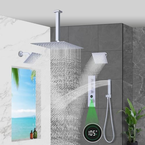 Thermostatic Digital Triple Heads Rain Shower System Can Run Together | 4-Function Full Body Shower Faucets Set with 12" + Two 6" Tilted Showerhead and Brass Handheld, Brushed Nickel - color: Brushed Nickel, style: 12” + 6" + 6"
