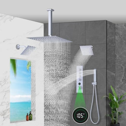 Thermostatic Digital Triple Heads Rain Shower System Can Run Together | 4-Function Full Body Shower Faucets Set with 12" + Two 6" Tilted Showerhead and Brass Handheld, Brushed Nickel - color: Brushed Nickel, style: 12” + 6" + 6"