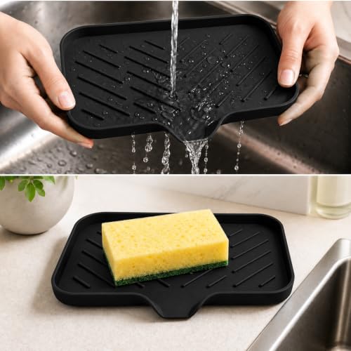 2 PCS Silicone Soap Dish with Drain, Soap Holder Sponge Drain Rack, Self-Draining Sink Organizer Tray for Kitchen & Bathroom - color: Black