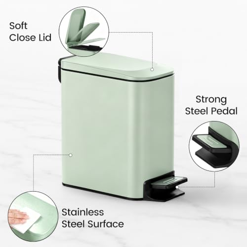 TIPGO Slim Bathroom Trash Can with Lid Soft Close, 6 Liter / 1.6 Gallon Stainless Steel Garbage Can with Removable Inner Bucket, Step Pedal, Small Trash Cans for Bedroom, Office, Kitchen (Green) - color: Green