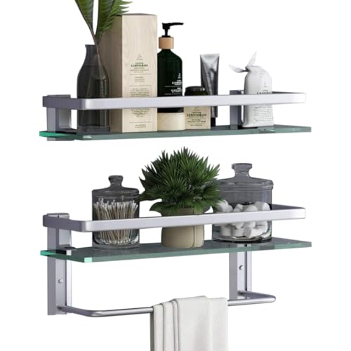 Glass Bathroom Shelf 15.7in Bathroom Shelf Wall Mounted Floating Glass Shelves with Towel Holder Glass Shelf for Bathroom 2 Tier (Sliver) - style: 2 tier with towel bar silver