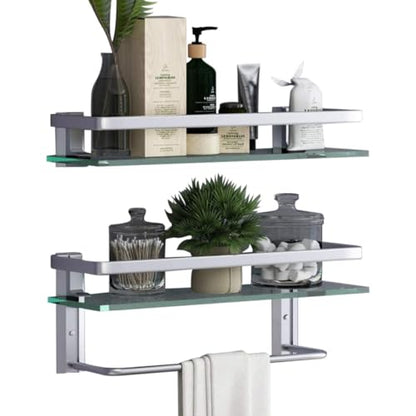 Glass Bathroom Shelf 15.7in Bathroom Shelf Wall Mounted Floating Glass Shelves with Towel Holder Glass Shelf for Bathroom 2 Tier (Sliver) - style: 2 tier with towel bar silver