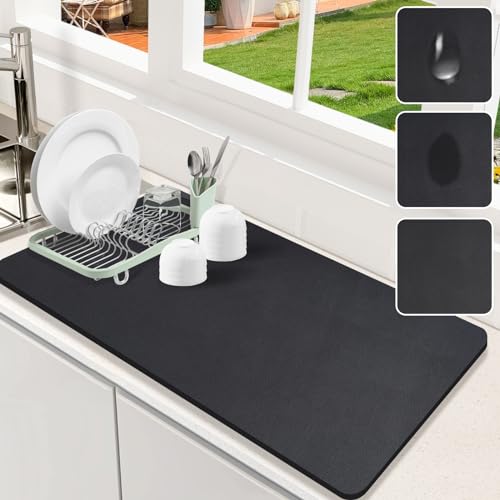 Dish Drying Mat for Kitchen Counter, 17x31.5 Pad with Rubber Backed (Black) | Hide Stain Anti Absorbent for Kitchen Counter, Non-slip Drying Mat for Coffee Machine Dish Rack - size: 17" x 31.5"