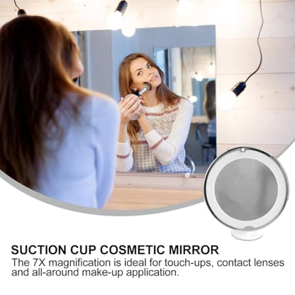 Baluue 7X Magnifying Makeup Mirror with Led, Round 8" Lighted Travel Vanity Tabletop Mirror, Portable Locking Suction Cup and 360° Rotation, Without Battery - size: 8"L x 8"W