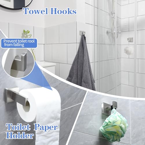 5pcs Bathroom Hardware Set, 16in Towel Bar Set, Including Square Towel Bar Square Towel Ring Toilet Paper Holder Towel Hooks, Set SUS304 Stainless Steel, Wall Mounted