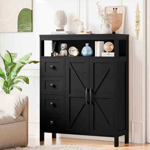 Vabches Farmhouse Storage Cabinet with 2 Doors and 4 Drawers, Pure Black | Freestanding Bathroom Compartment Kitchen Pantry Cabinet, Floor Cupboard for Kitchen/Living Room/Bathroom - color: Pure Black, style: 4 Drawers Ⅱ