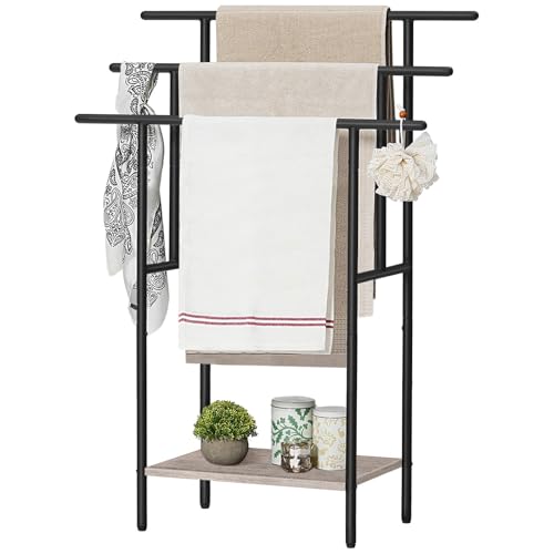 HOOBRO 39.4" Tall Freestanding Towel Rack for Bathroom, 3 Tier Stepped Blanket Rack with Shelf, Oversized Bath Towels Drying and Display Rack, Black and Rustic Brown BG50LB01 - color: Greige + Black