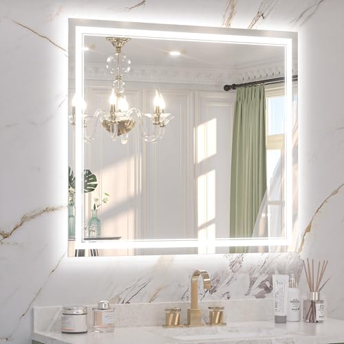 Keonjinn 40" x 36" Bathroom LED Mirror, Frontlit & Backlit 3 Color Lights | Safe HD Tempered Glass, Defogging, Effortless French Cleat Installation, Vertically/Horizontally, Lighted Vanity Wall Mirror - size: 36"L x 40"W