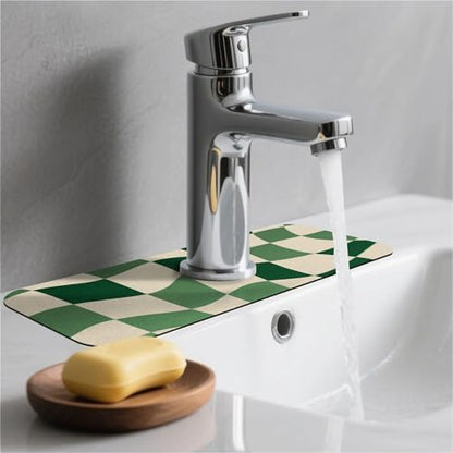 Kitchen Sink Splash Guard，Green-and cream checkered Faucet Mat Sink Gadgets-Super Absorbent Fast Drying Mat Drip Catcher for Kitchen, Bathroom,Sink Mat, Dish Drying Mat, Bathroom(15" X 5.5" ) - color: Green-and cream checkered