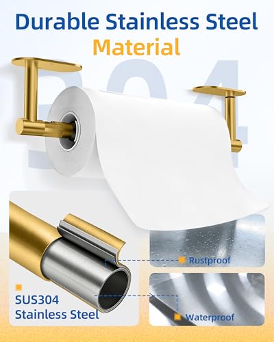 RUACQ Paper Towel Holder Under Cabinet, One Hand Tearing Paper Towel Holder with Damping Effect, Wall Mount & Adhesive Stainless Steel Paper Roll Holder for Kitchen Bathroom (Brushed Gold) - color: Brushed Gold, size: One Hand Tear - Oval