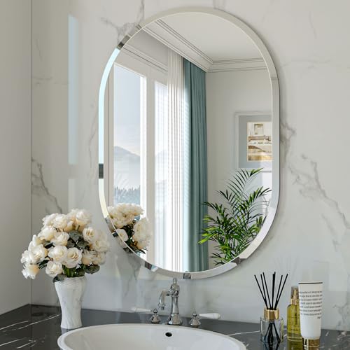 Frameless Oval Mirror, 18"x26" Beveled Oval Bathroom Mirrors | 5mm HD Glass, Anti-Rust, 15mm Frameless Beveled Mirror, French Cleat, Horizontally or Vertically, for bathroom/bedroom - size: 18"L x 26"W