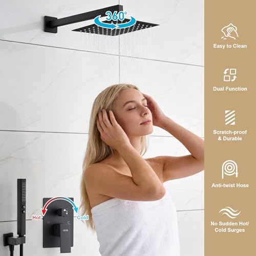 Rain Shower System, 8''Square Rain Head,2-Spray Handheld, Matte Black | 2 Spray Functions,Anti-Tangle Explosion-proof PVD Hose,Balance Temp Valve,Rust-proof & Scratch-resistant - color: Matte Black, size: 8 Inch