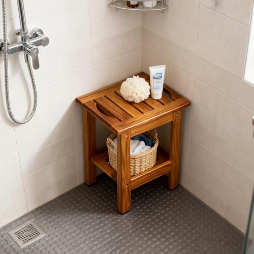 Utoplike Teak Shower Stool, Compact Showers Bench, Foot Rest Shaving Legs | Foot Stools for Shave Legs, with Shelf & Handle, 2-Tier. Small Wooden Bath Seat with Non-Slip Feet for Bathroom, Bathtub - size: Small