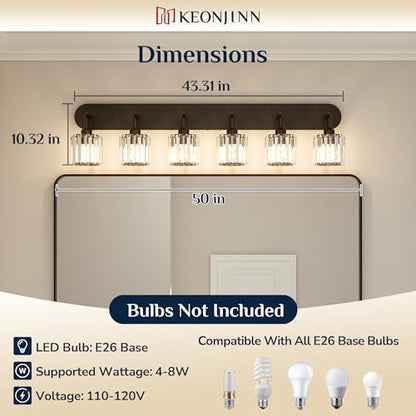 Keonjinn 6-Light Bathroom Light Fixtures, Crystal Black Bathroom Vanity Lights Over Mirror, Vanity Lighting Fixtures with Crystal Square Shades (E26 Socket, Exclude Bulb) - color: Black, size: 6-Light