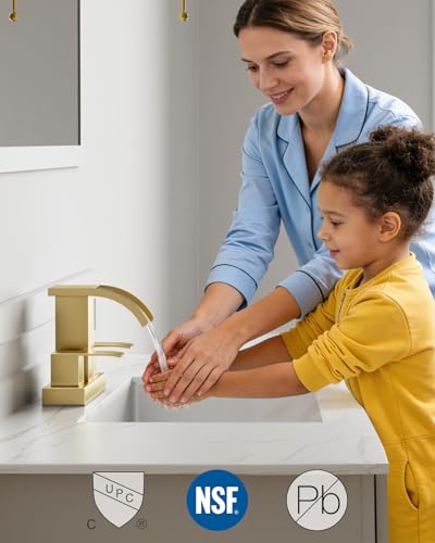 gotonovo Waterfall 4’’ Centerset Bathroom Sink Faucet Brushed Gold | 2 Handle Bathroom Faucet,SUS304,2 or 3 Hole,2.17’’ Wide Spout,24’’ cUPC Water Line,Pop Up Drain,Vanity,RV,Lavatory Modern Tap - color: Gold