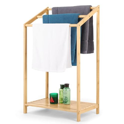 Bamboo Towel Rack Stand, Hand Towels Stand Holder, Freestanding Blanket Rack with Bottom Storage Shelf for Bathroom, Bedroom, Laundry Room