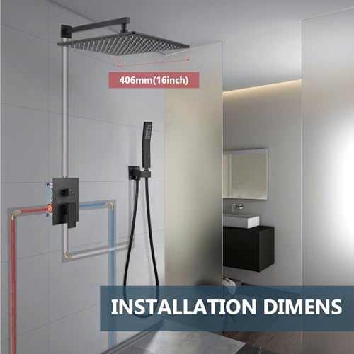 Aolemi Shower Faucet Set with Valve Handheld 16" LED Head Matte Black | Handheld Spray,16 Inch Rain LED Head,Valve and Trim Kit,All Metal,Wall Mount Shower System,Bathroom Mixer - color: Black, size: 16 Inch LED Shower Head