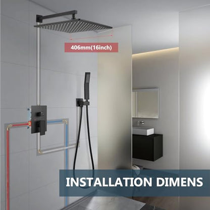 Aolemi Shower Faucet Set with Valve Handheld 16" LED Head Matte Black | Handheld Spray,16 Inch Rain LED Head,Valve and Trim Kit,All Metal,Wall Mount Shower System,Bathroom Mixer - color: Black, size: 16 Inch LED Shower Head