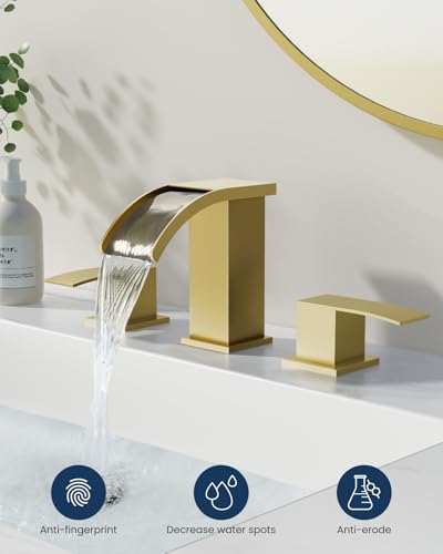 gotonovo Waterfall Bathroom Faucet 3 Hole Square Body,Brushed Gold | SUS304 8’’ Widespread Bathroom Sink Faucet,2.17’’ Wide Spout,24’’ cUPC Hose,Pop Up Drain,2 Handle,Vanity,Lavatory,Basin,RV - color: Gold
