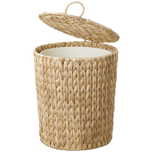 Coeusy 4 Gallon Wicker Trash Can with Lid, Small Bathroom Trash Can, Water Hyacinth Woven Waste Basket, Rattan Boho Decorative Garbage Can with Removable Liner for Bedroom, Home Office (Round,Natural) - size: 4 Gallon