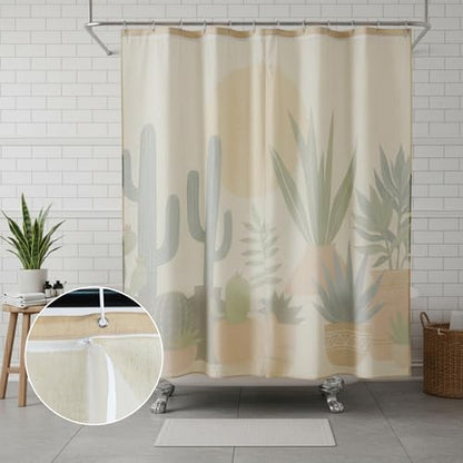 Potted Plant Linen Boho Shower Curtain Set with Liner,72" Wx72 L | Double Layer Shower Curtain Waterproof Fabric with Zippered Removable PEVA Liner,Boho Shower Curtain for Bathroom,Free Hooks - color: Cactus