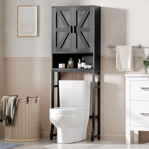 Black Over The Toilet Storage Cabinet with Barn Doors | Thicken Metal Stand & MDF Wood Above Toilet Storage Cabinet, Freestanding Space Saver Bathroom Organizers and Storage - color: Black, style: Barn Door