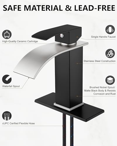 Midanya Waterfall Bathroom Faucet 1 Hole,Brushed Nickel Spout/Matte Black | with 24” Hoses,Pop Up Drain,6” Deck Plate,for 1 or 3 Hole Vanity,Lavatory,RV,Single Handle Bathroom Sink Faucet,NSF Certified - color: Nickel Spout/Black