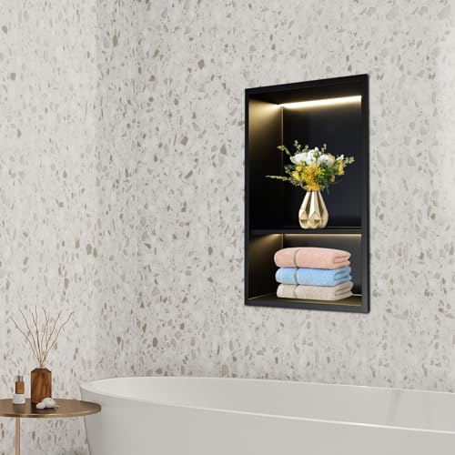 2-Tiers 12x24 Shower Niche with LED Light Strips, Matte Black Shower Niche Cabinet, Recessed Wall Cabinet, Stainless Steel Bathroom Shelf for Bathrooms, Kitchens, Toilets (12x18in) - size: 12x18in