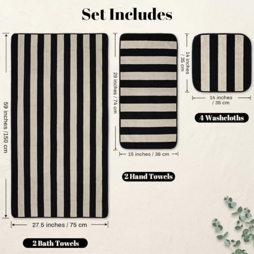 Jacquotha Black Striped Towels Set for Bathroom, 8 Piece Cotton Towels | Soft Quick Dry Towel Set with 2 Bath, 2 Hand, 4 Washcloths, Bathroom Decor & Versatile