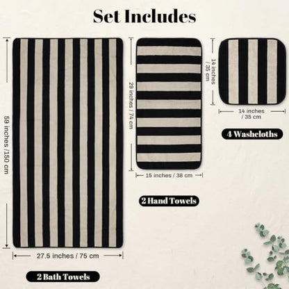 Jacquotha Black Striped Towels Set for Bathroom, 8 Piece Cotton Towels | Soft Quick Dry Towel Set with 2 Bath, 2 Hand, 4 Washcloths, Bathroom Decor & Versatile