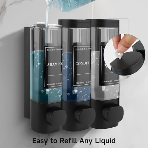 Shampoo and Conditioner Dispenser, 3 Chamber 300ml, Wall Mounted, Black | Shower Soap Dispenser, Refillable Hand Soap Dispensers, Body Wash Dispenser for Bathroom, Kitchen, Hotel, Home - color: Black, size: 3 Chamber