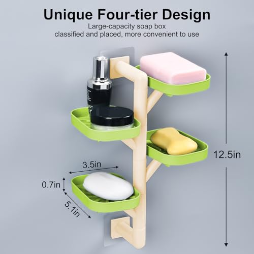 Soap Holder Four Layer Wall Mounted NO-Drilling Rotatable Self-draining Removable Soap Dish for Shower Bathroom Tray,Self Draining Sponge Holder,Razor Holder (Green/Ecru) - color: Green/Ecru