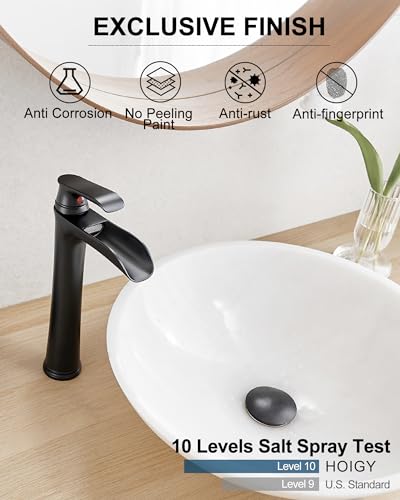 Waterfall Bathroom Sink Faucet, Brass Tall Black Bathroom Faucet Single Handle Vessel Faucet, Bathroom Faucets One Hole Mixer Bowl Tap with Pop-Up Drain Water Hoses for Vanity Lavatory Farmhouse - color: Matte Black