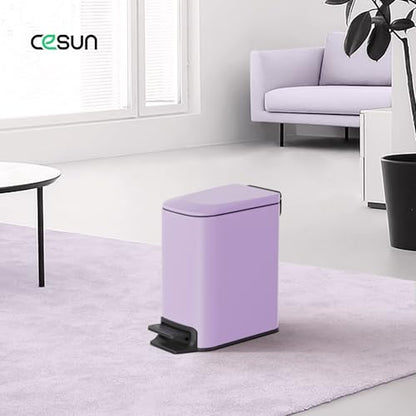 Cesun Small Bathroom Trash Can with Lid, 1.6 Gal, Soft Close, Purple | Step pedal soft close, Slim 5.9in fits narrow spaces, Stainless steel, Anti-fingerprint, Removable inner bucket, Odor seal - color: Purple