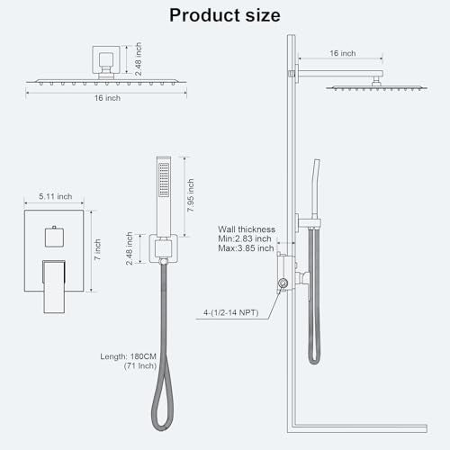 FPXRNG Shower Faucet Set Rainfall Shower System with Square Shower Head and Handle Set Rough-in Valve and Metal Trim Kit Included Matte Black 16 Inch Wall Mounted Shower Fixtures - color: Matte Black, size: 16 Inch Wall Mount Shower Head