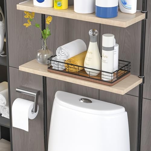Toilet Paper Basket 2 Pack, 13 Inch Toilet Tank Basket with Handles, Acacia | 2PCS Bathroom Basket, Back of Toilet Basket, Toilet Tank Tray Toilet Organizer for Toilet Paper Storage Toiletries Essentials - color: Acacia & Black